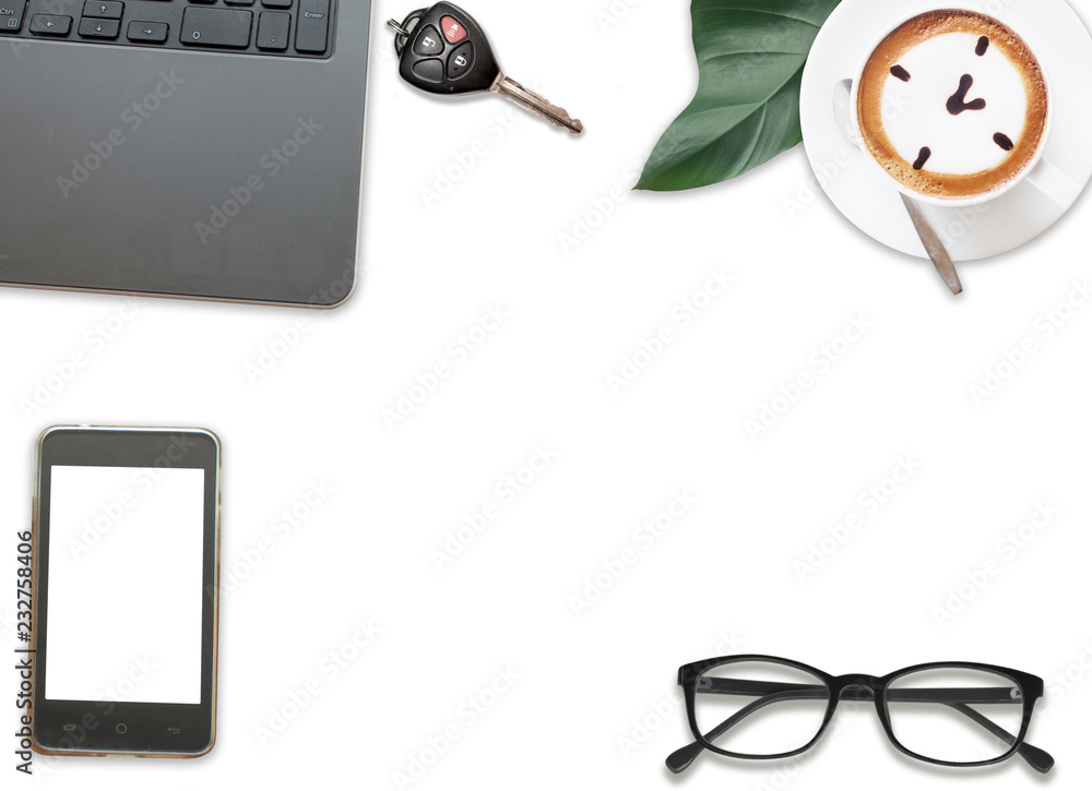 Top views of Desk with glasses, paper, coffee and cactus business office table concept Top views of Desk with glasses, paper, coffee and cactus business office table concept