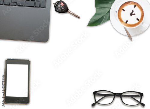 Top views of Desk with glasses, paper, coffee and cactus business office table concept