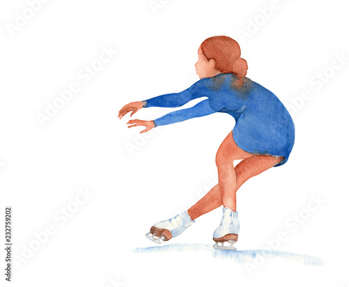 Figure skater in a blue dress in sit spin positions on a white background.