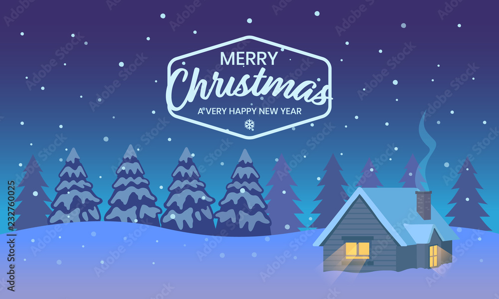  landscape home background snow, Merry Christmas happy new year and Lettering Design