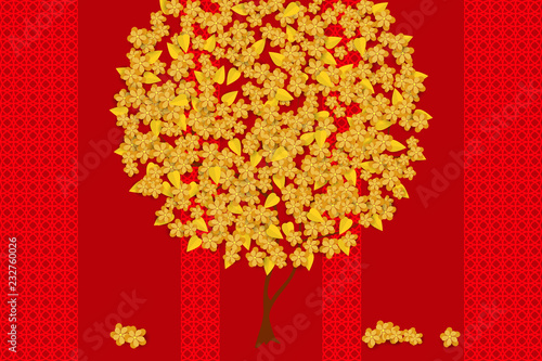 Gold Flower tree on the red background. Design for Chinese New Year