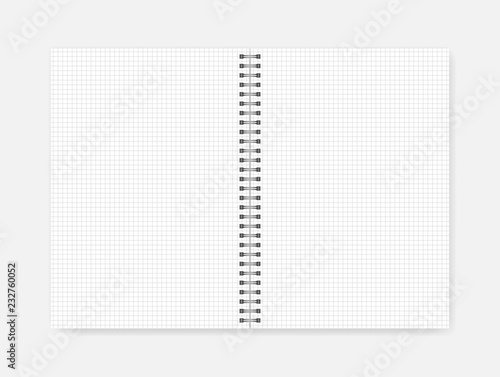 Open spiral bound white A4 notepad with squared sheets, mockup