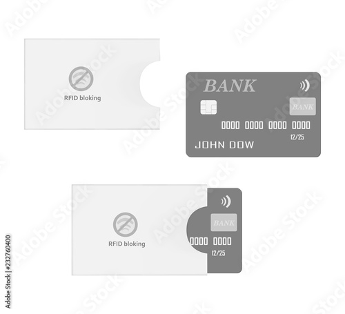 Bank plastic chip card with RFID blocking sleeve, vector template