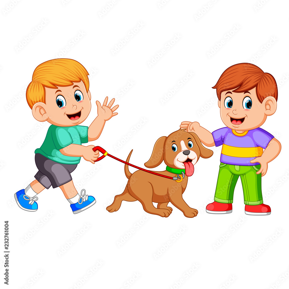 A boy walking with his dog A boy walking with his dog