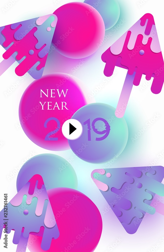 New year 2019 background with abstract digital bright christmas trees and levitating balls. Vector illustration
