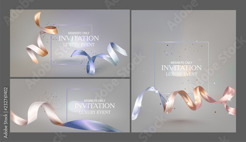 Invitation cards  with two colored ribbons. Vector illustration