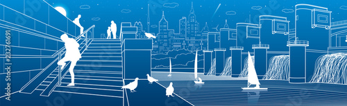 People on steps. River embankment, hydroelectric power station and yachts at water. City snene. Vector design art