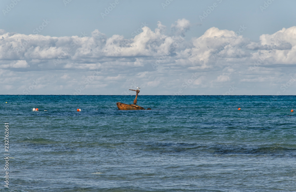 Rusty sunken boat near the beach