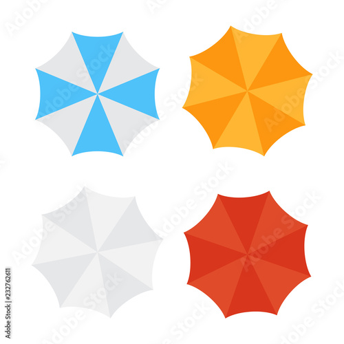 Beach sun umbrellas top view vector icons. Set of parasol with colored striped pattern illustration