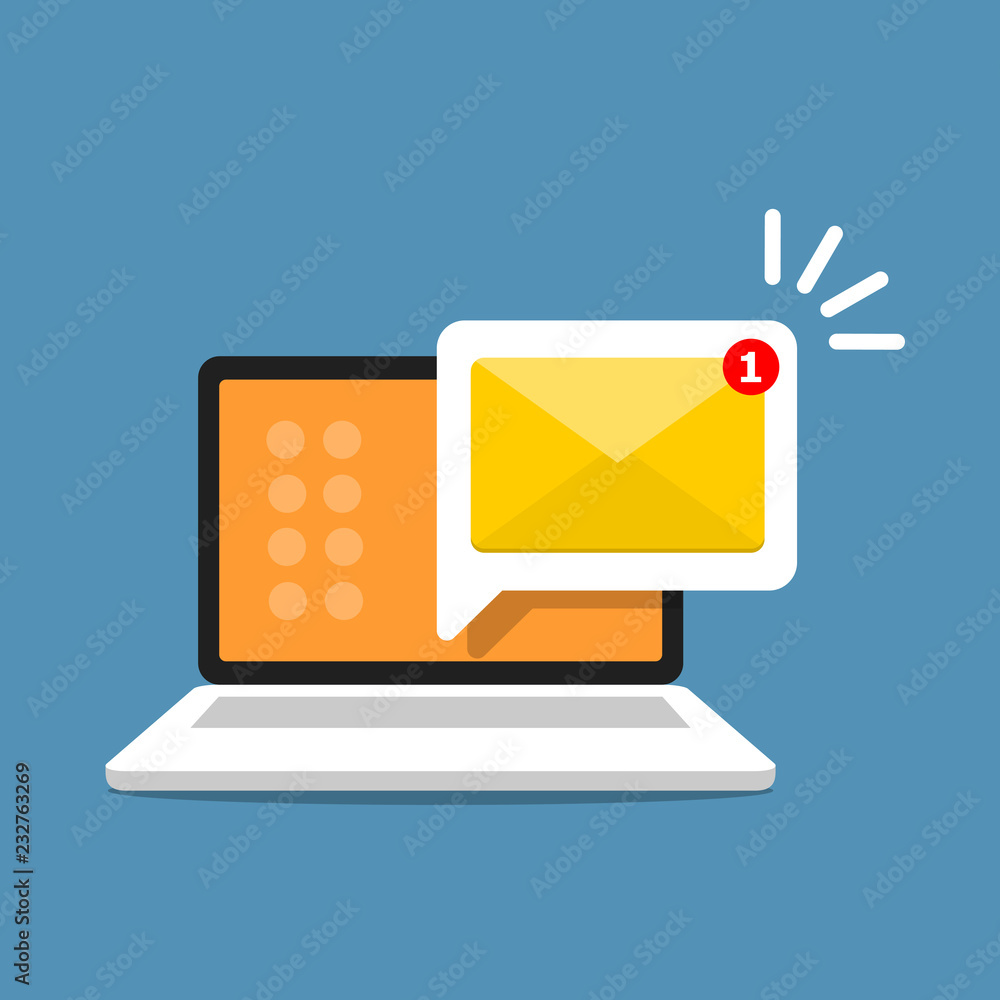 Email alert in laptop. Message on computer screen. Notification vector concept. Vector illustration in flat style. Email alert in laptop. Message on computer screen. Notification vector concept. Vector illustration in flat style.