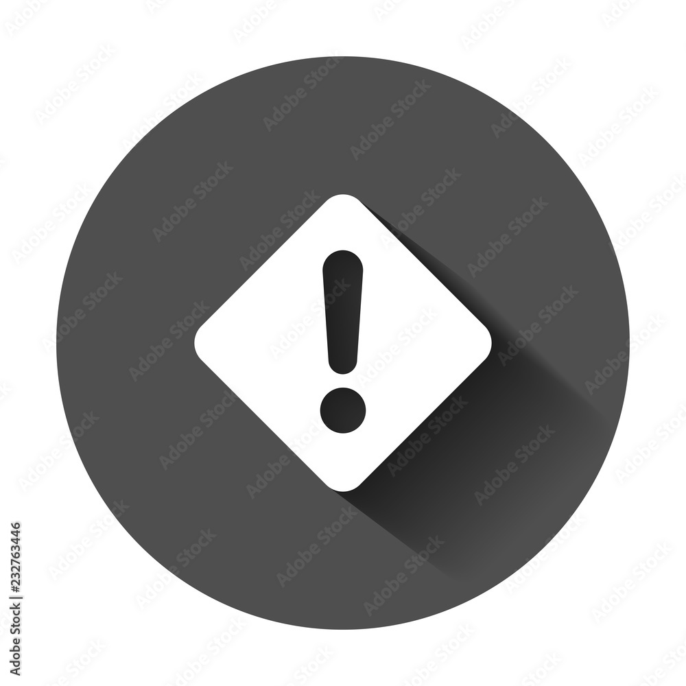 Exclamation mark icon in flat style. Danger alarm vector illustration with long shadow. Caution risk business concept. Exclamation mark icon in flat style. Danger alarm vector illustration with long shadow. Caution risk business concept.