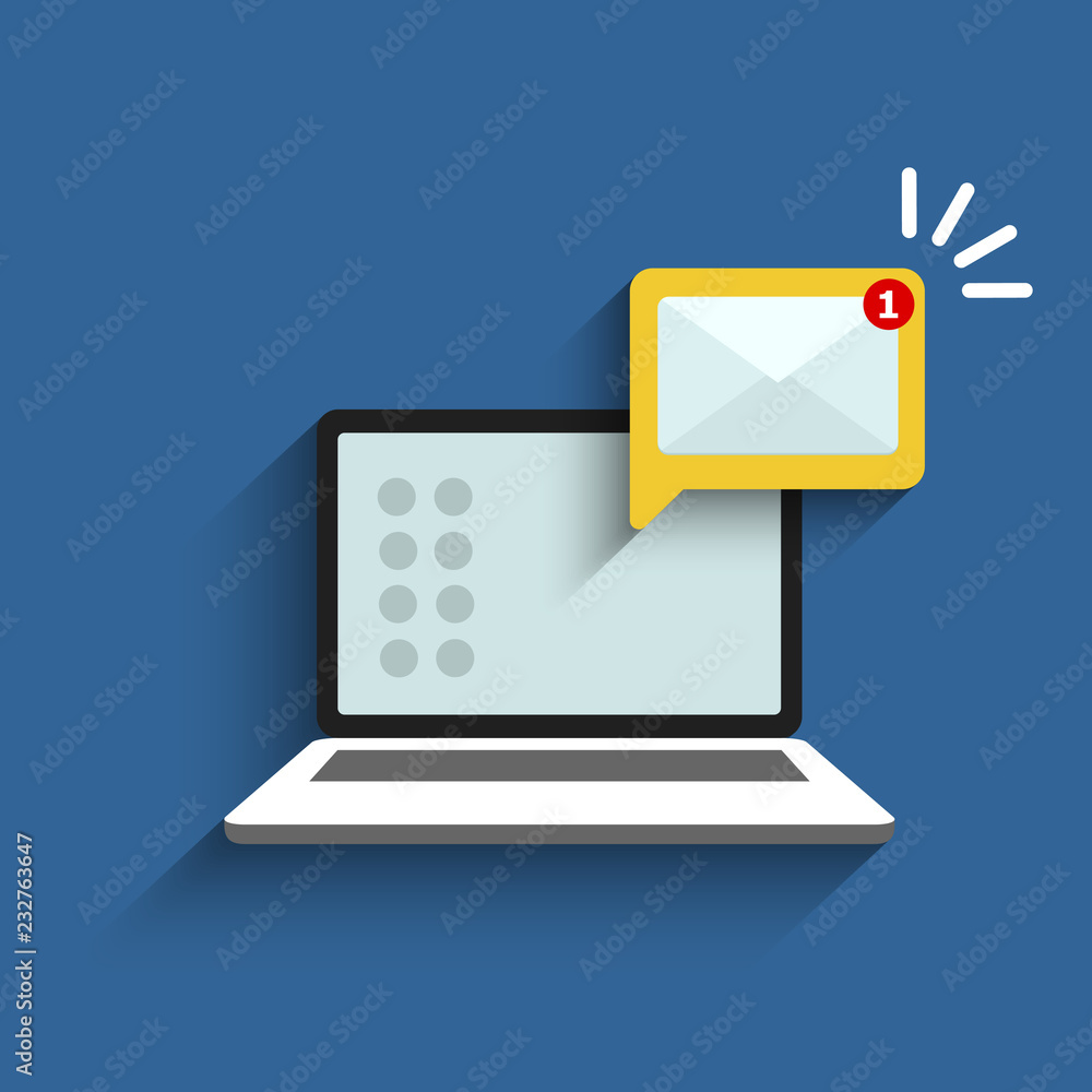 Email alert in laptop. Message on computer screen. Notification vector concept. Vector illustration in flat style. Email alert in laptop. Message on computer screen. Notification vector concept. Vector illustration in flat style.