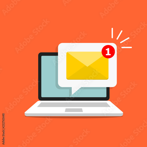 Email alert in laptop. Message on computer screen. Notification vector concept. Vector illustration in flat style.