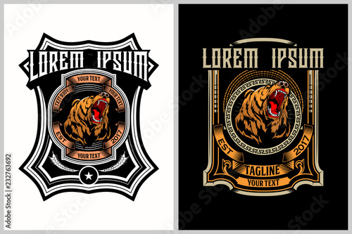 angry and aggressive bear head label vector template