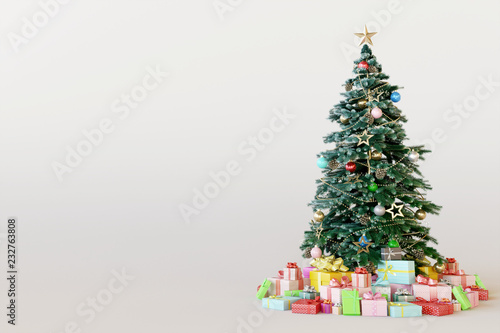 Christmas tree with colorful gift box on white background. 3d rendering