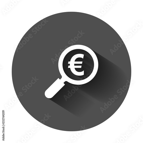 Magnify glass with euro sign icon in flat style. Loupe, money vector illustration with long shadow. Search bill business concept.