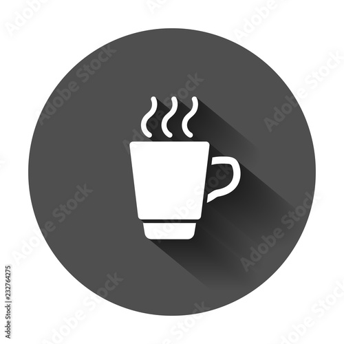 Coffee, tea cup icon in flat style. Coffee mug vector illustration with long shadow. Drink business concept.
