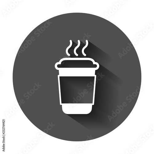 Coffee, tea cup icon in flat style. Coffee mug vector illustration with long shadow. Drink business concept.