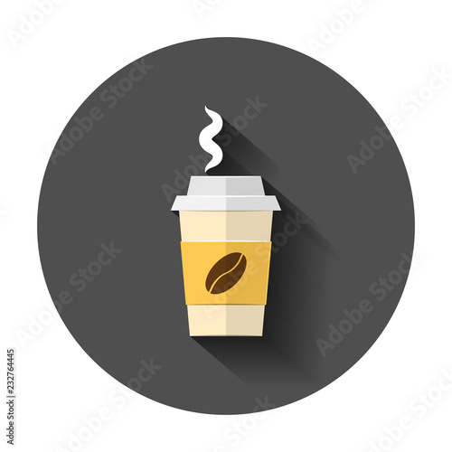 Coffee, tea cup icon in flat style. Coffee mug vector illustration with long shadow. Drink business concept.