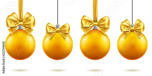 2019 christmas or new year realistic toys with bows hanging on chains. Merry christmas fir tree decorations, golden baubles with bow-knots, golden spheres for xmas holidays. Celebration theme