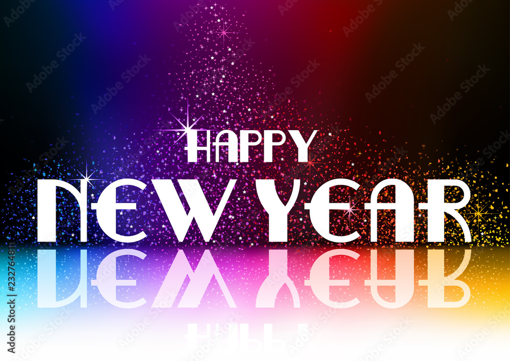 Happy New Year Greeting with Falling Glitters on Dark Background with Rainbow Glow - Abstract Illustration, Vector Happy New Year Greeting with Falling Glitters on Dark Background with Rainbow Glow - Abstract Illustration, Vector