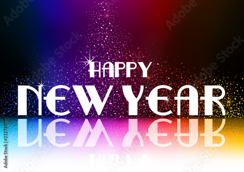 Happy New Year Greeting with Falling Glitters on Dark Background with Rainbow...
