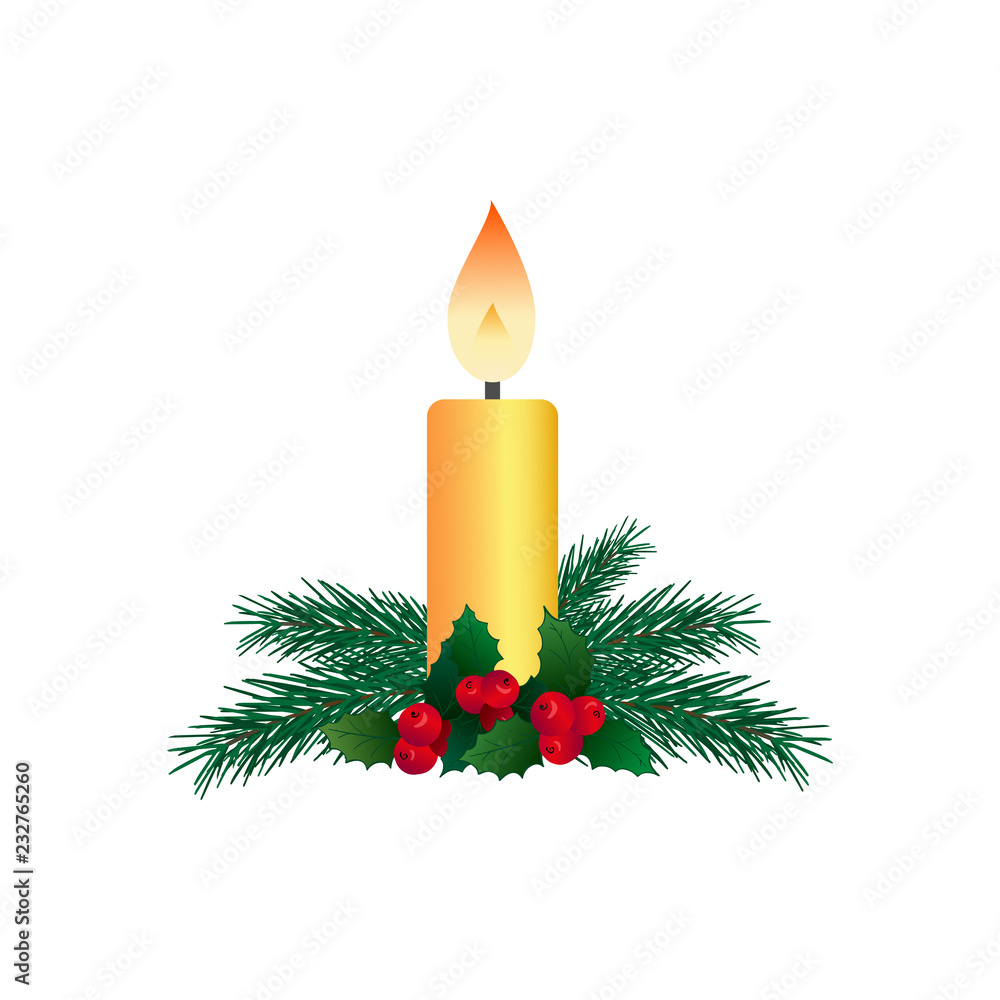 Burning candle with pine or fir branches and a Holly berries. Christmas wreath isolated on white background. Vector illustration for holiday decoration, icon, poster, card, winter background. Burning candle with pine or fir branches and a Holly berries. Christmas wreath isolated on white background. Vector illustration for holiday decoration, icon, poster, card, winter background.