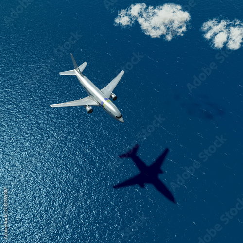 airplane flies over a sea