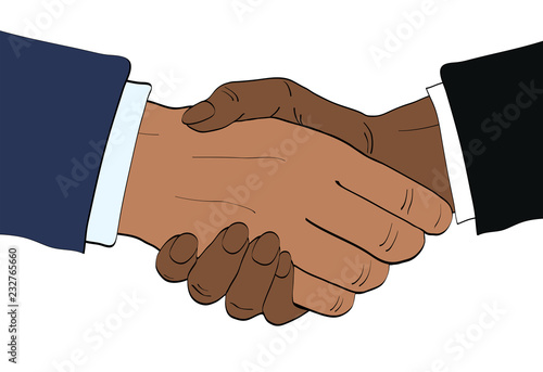 Afroamerican businessmen shake hands vector illustration in retro pop art style. Partnership handshake concept poster in comic design
