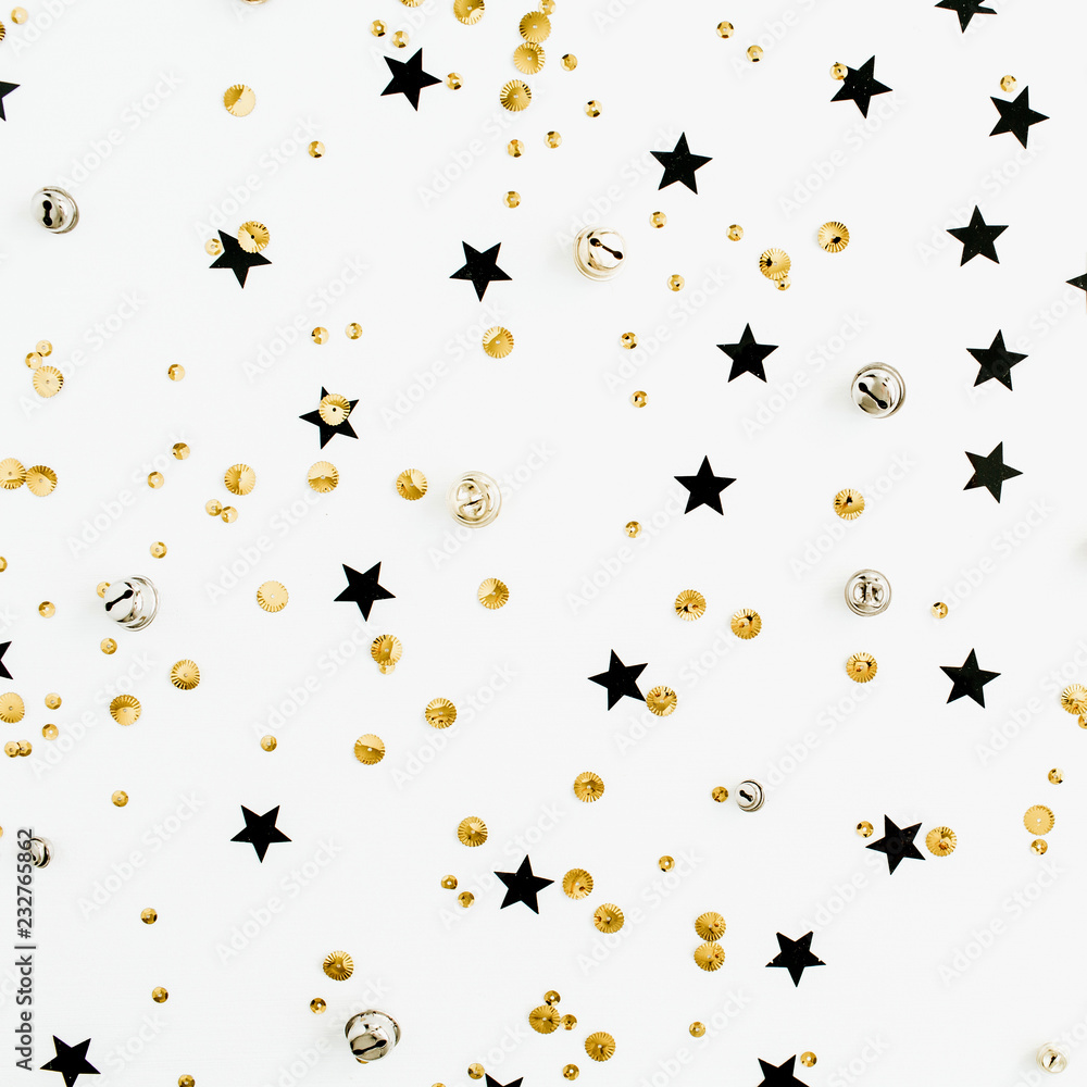 Festive holiday background with sparkle glitter decoration. Flat lay, top view Christmas or New Year pattern.