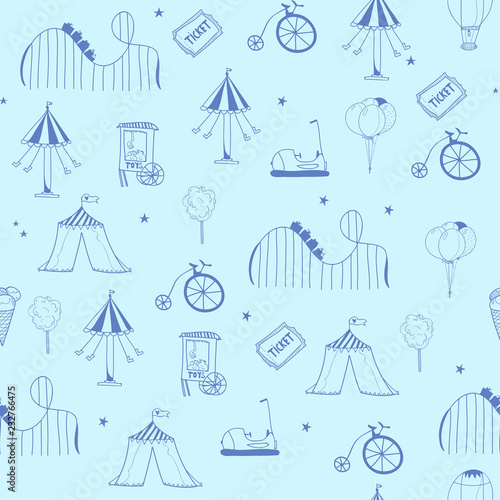 Hand drawn amusement park elements. Graphic vector seamless pattern. Blue background, dark blue elements