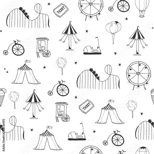 Hand drawn amusement park elements. Black graphic vector seamless pattern