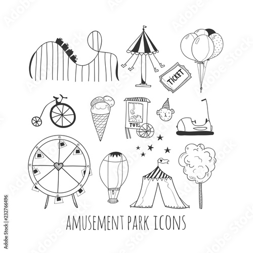 Hand drawn amusement park elements. Black graphic vector set