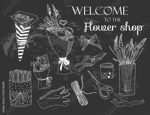 Hand drawn flower shop elements. Graphic vector set. Chalk style. Black background