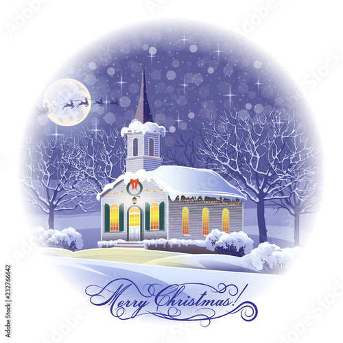 Night winter landscape with a festively decorated church and trees in the snow in the background.
