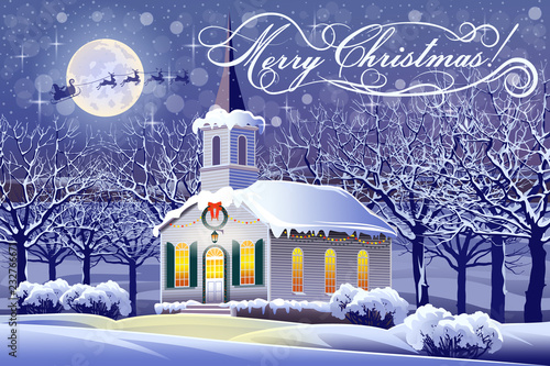 Night winter landscape with a festively decorated church and trees in the snow in the background.