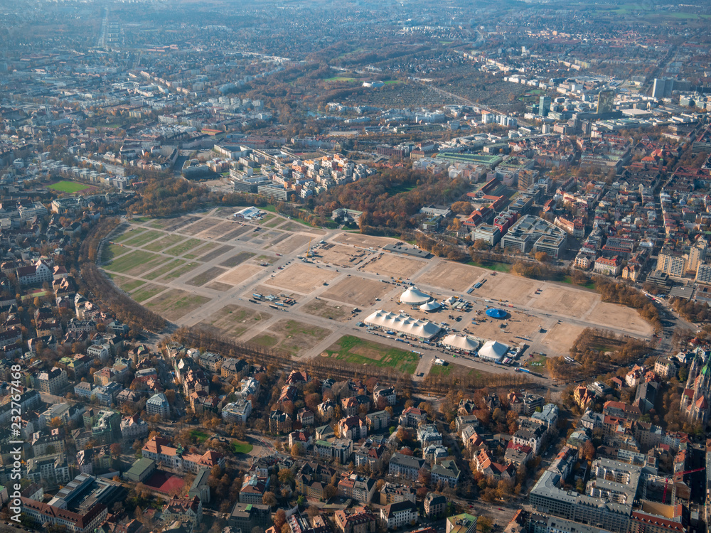 Obraz premium Helicopter view to Munich Theresienwiese from top after wiesn