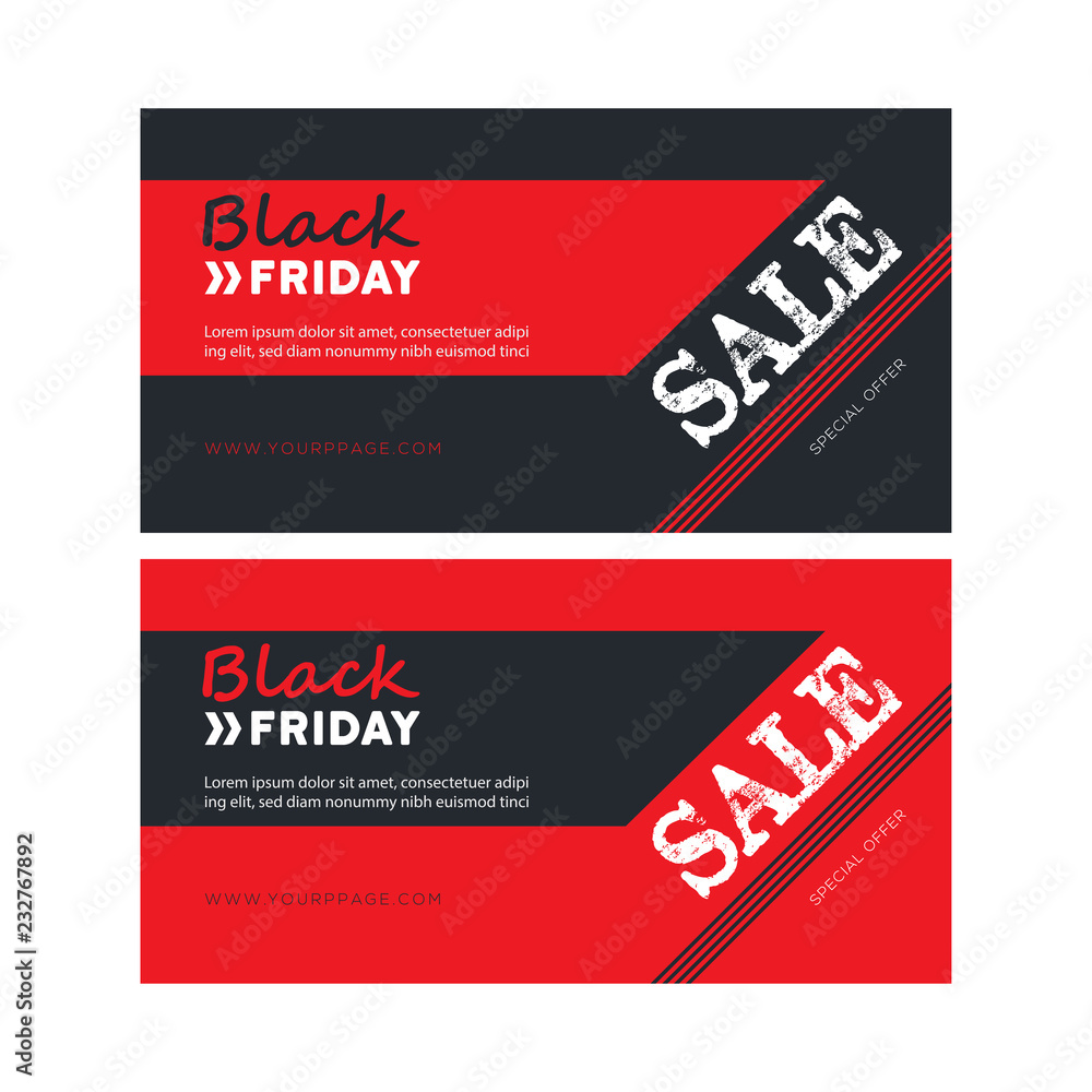 Black Friday banner template. Web banner set design. Abstract background. Red poster. black and red banner template. Gift card, sale voucher. Vector illustration