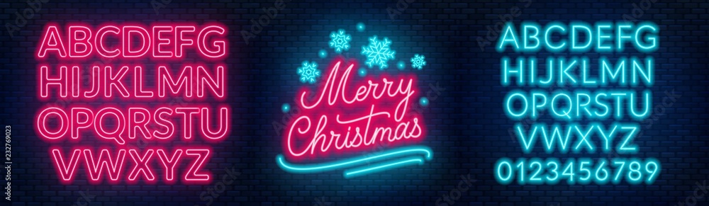 Neon sign merry christmas on a dark background with bright alphabets. - obrazy, fototapety, plakaty 