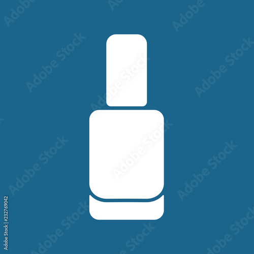 Vector illustration flat icon of nail polish bottle. White silhouette, blue background