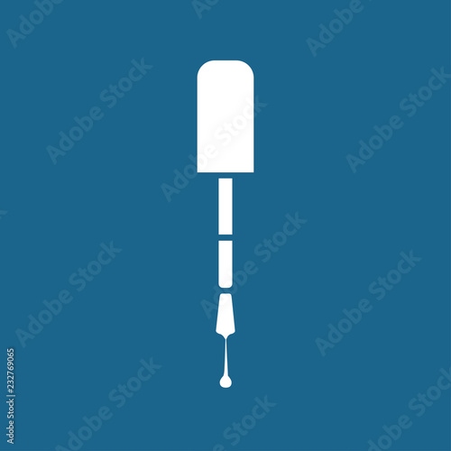 Vector illustration flat icon of nail polish brush with drop. White silhouette, blue background