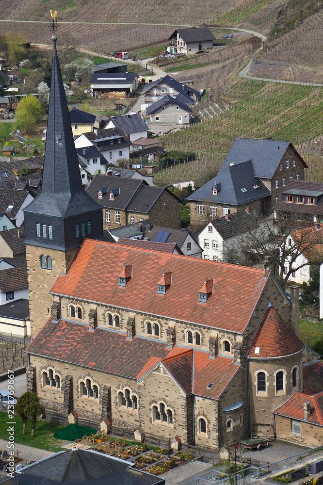 German church with village seen from above