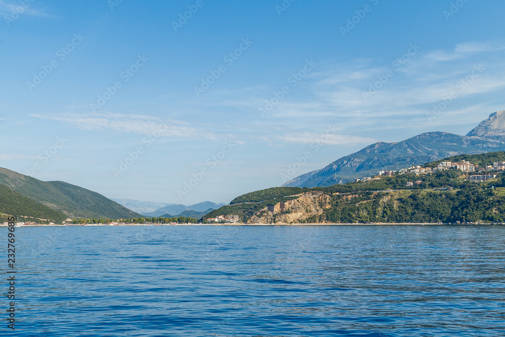 View of the beach Jaz from the sea near the town of Budva