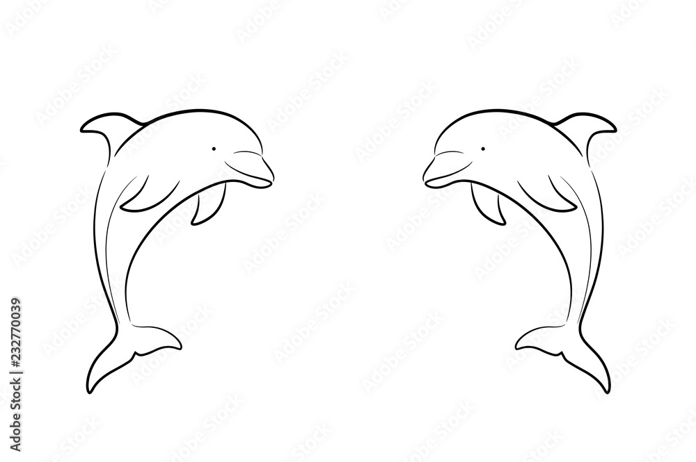Fototapeta premium Ręcznie rysowane ilustracja kreskówka wektor bliźniaczych delfinów naprzeciw siebie