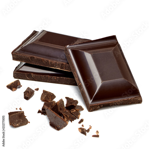 Broken or cracked dark chocolate bars, chips or pieces isolated on white background