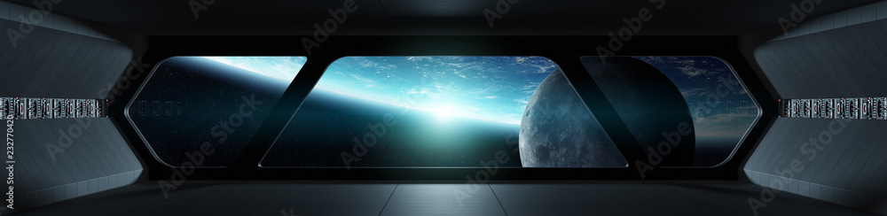 Naklejka premium Statek kosmiczny futurystyczny wnętrze z widokiem na planety ziemi