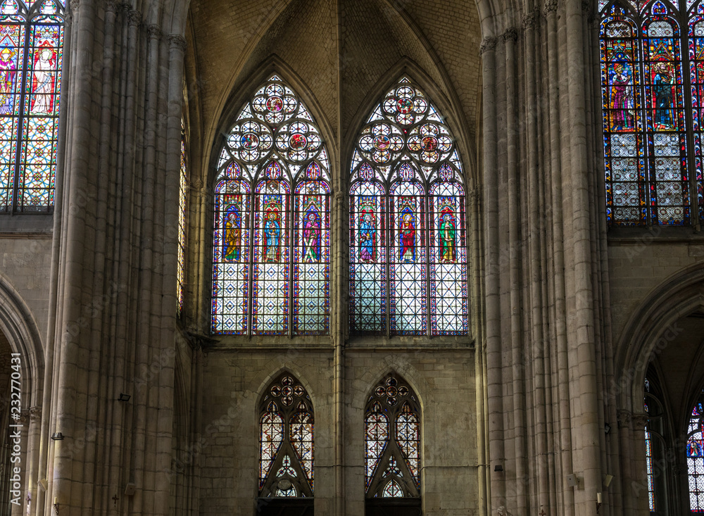 Colorful stained glass windows in  Basilique Saint-Urbain, 13th century gothic church in Troyes, France