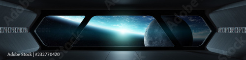 Fotografie, Obraz Spaceship futuristic interior with view on planet Earth