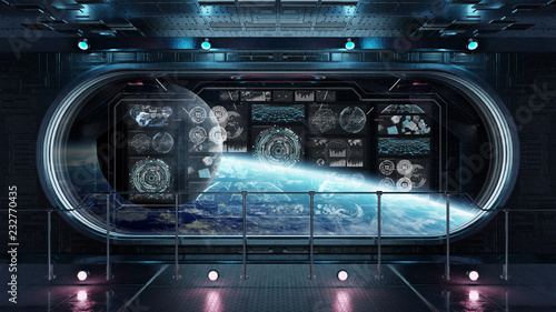 Fototapeta Naklejka Na Ścianę i Meble -  Dark spaceship interior with control panel digital screens 3D rendering