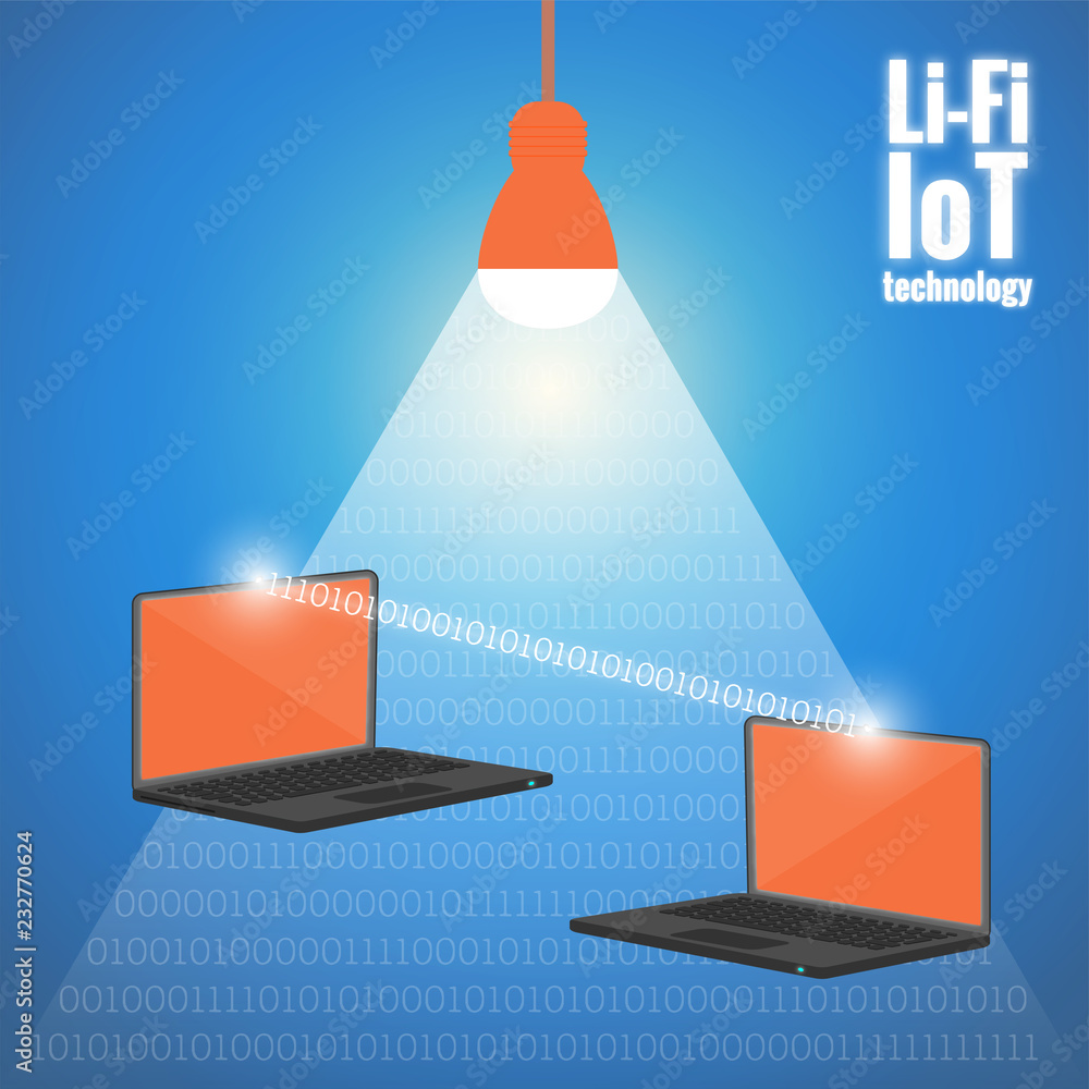 Led lamp is emitting light with data, two laptops are connected through ...